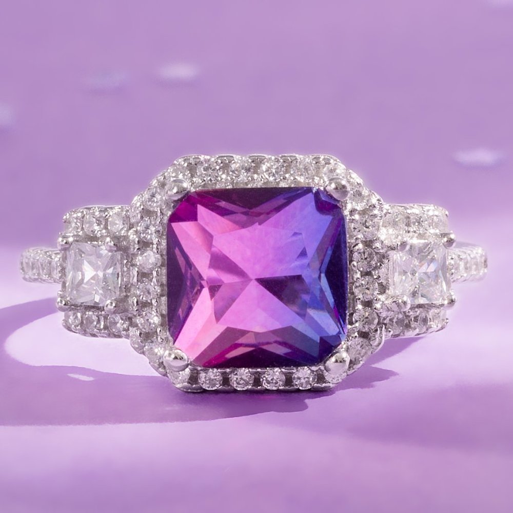 Pink & Purple Emerald Cut Gemstone Ring, 925 Sterling Silver Charmed Aroma